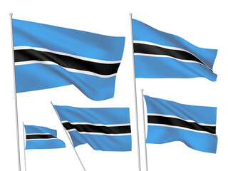 Botswana vector flags set. 5 different wavy fabric 3D flags fluttering on the wind. EPS 8 created using gradient meshes isolated on white background. Five design elements from world collection