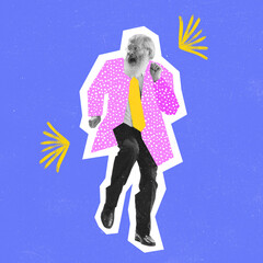 Stylish old man, grandfather dressed in 70s, 80s fashion style dancing on bright background with drawings.