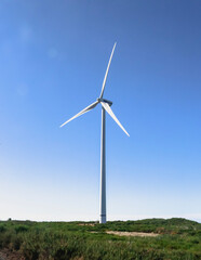 Lone wind turbine atop the mountains of Madeira island, Portugal.