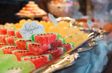 Sugary watermelon candy in a shop window, Florence, Italy.