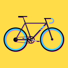 Bicycle icon, minimalistic vector illustration. Black  sports bike with blue elements and purple shadow isolated on yellow background.