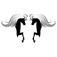 silhouette of two heads of black horses unicorns with a fluffy mane on a white background