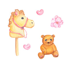 Cute watercolor kids illustration with toys. Childhood set with hand drawn elements. Toy Horse and teddy bear illustration. Warm watercolor painting.Baby nursery illustration. Family time