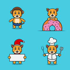 Set Of Cute Baby Tiger Character With Various Poses. Wearing Helmet, on Donuts, christmas and chef.