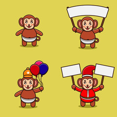 Set Of Cute Baby Monkey Character With Various Poses. Bring banner, balloons and christmas banner.