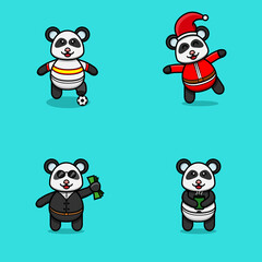 Set Of Cute Baby Panda Character With Various Poses. Football, Christmas, Boss and Bring Tea Cup.