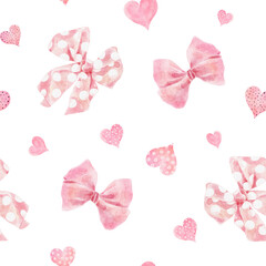 Watercolor seamless pattern with hearts and bows isolated on white background. Hand drawn watercolor illustration.