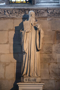 Detail of the stone carvings of the interior of the cathedral of the city of Dieppe in France with the name of Saint Benoit written below in French: "Saint Benoit"