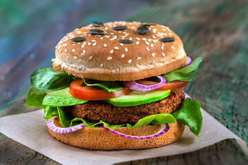 Vegetarian burger with soy steak and wheat