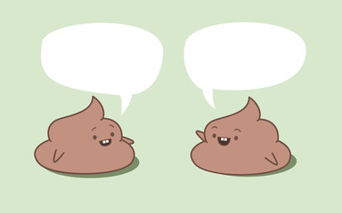 Two happy kawaii poops chating with each other. Speech bubbles are empty. Isolated on green background.