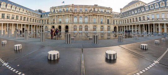 Paris, France - 12 04 2021: Columns and entrance in the Domaine National du Palais-Royal