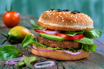 Vegetarian burger with soy steak and wheat