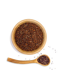 black quinoa in wooden bowl, overhead image with white background