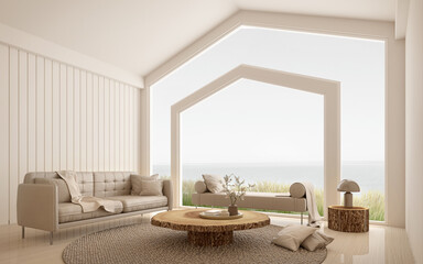 Modern living room in nordic style house with sea view.3d rendering
