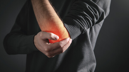 Caucasian man with elbow pain. Pain relief concept