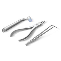 Basic Dentist Instruments and Tools. An Isometric Set of Medical Equipment for Teeth Dental Care. Dental Hygiene and Healthcare Concept on White Backdrop