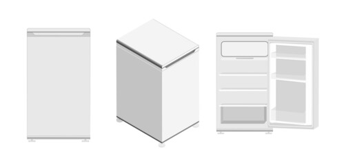 White mini realistic fridge refrigerator in three views on a white background.  Open or closed door isolated refrigerator vector for kitchen and restaurant designs. - obrazy, fototapety, plakaty