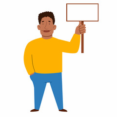 an African-American man with a sign for the text in his hand. Vector illustration in a flat cartoon style.
