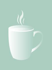 The template for the postcard with a mug of hot drink is made in transparent white color on a blue background. Coffee break. 