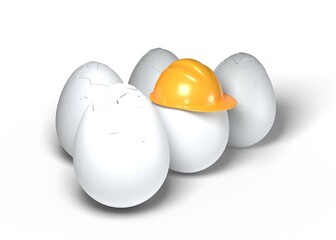 3d render illustration egg wearing construction helmet and cracked egg isolated on white...