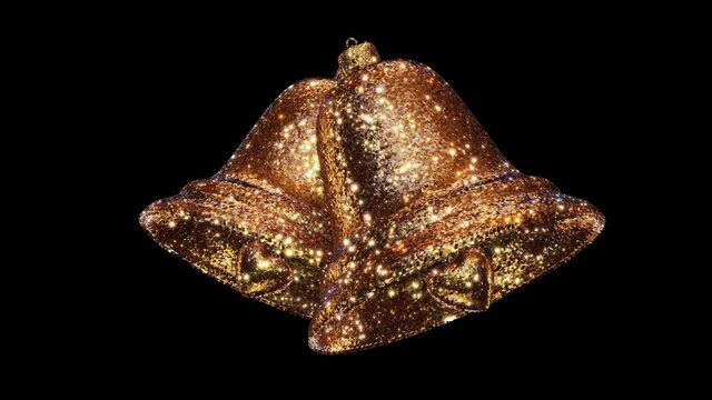 Realistic looping 3D animation of two shining gold sequin Christmas bells rendered in UHD with alpha mate