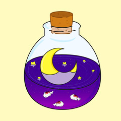 Magic bottle with sea, fish, sky, moon and stars inside