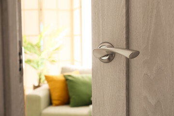 Opened light wooden door with modern handle in room, closeup