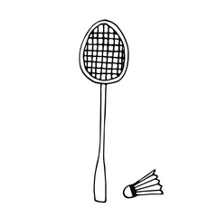 Badminton racket and ball vector illustration, hand drawing doodle