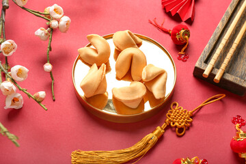 Traditional fortune cookies with Chinese symbols on red background