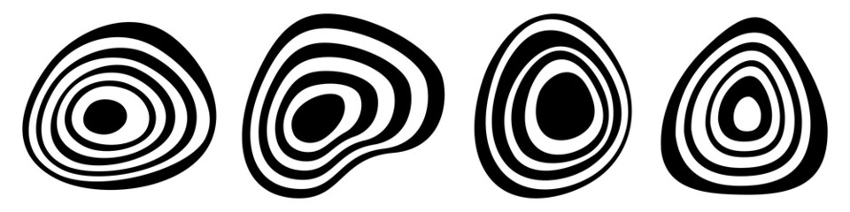 Set of 3 abstract liquid flat geometric vector shapes. Dynamical forms with lines, isolated on white background. Graphic elements. Template for poster, logo, cover design. Monochrome illustration.