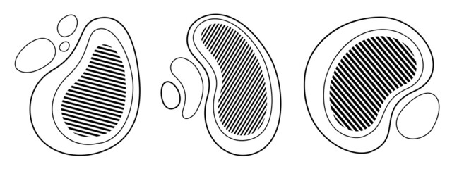 Set of 3 abstract liquid shapes. Vector design elements, striped shapes. Banners with flowing liquid shapes. Template for poster, logo, cover. Vector black and white illustration.