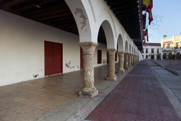 Colonnade of Plaza De La Aduana in Cartagena, Colombia