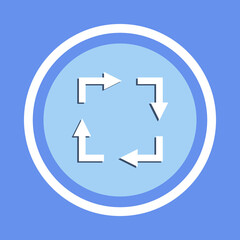 Recycle icon. Recycle symbol illustration on circle. Curved arrows isolated on blue background.