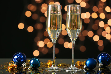 Glasses of champagne and Christmas balls on table against blurred lights