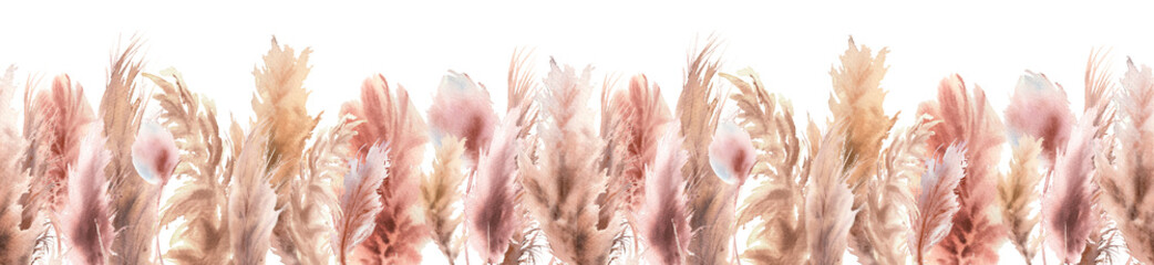Pampas grass seamless border. Boho floral arrangement of dry palm leaves and branches in pastel colors. Watercolor Illustration for  print, fabric textile, wedding invitation and greeting cards