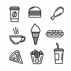 Simple set of fast food. Related vector line icons. Contains icons such as pizza, hot dog, fries, hamburger, cola, ice cream, chicken leg, coffee, tea mug.