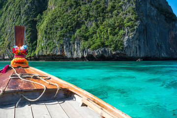 Kho Phi Phi, Thailand - beautiful view from a boat of a blue and green ocean at Phi Phi