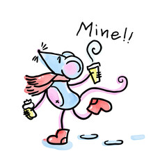 Mine. Cute Rat with Drink and Yummy. Handdrawn Mouse in Watercolors