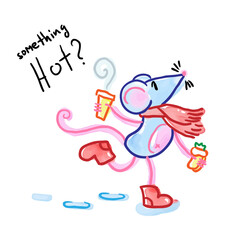 Something Hot. Cute Rat with Drink and Yummy. Handdrawn Mouse in Watercolors