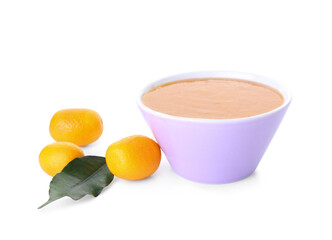 Bowl of tasty kumquat jam and fresh fruits on white background