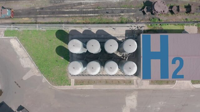Hydrogen renewable energy production - hydrogen gas for clean electricity. Aerial view.