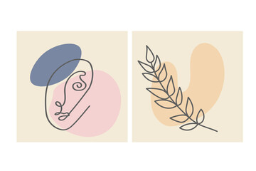 Faces, leave and abstract shapes. Contemporary vector illustrations on color backgrouds. Line, minimalistic elegant concept. Perfect for social media, cards, postcards.