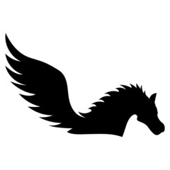 silhouette of the head of a black winged horse pegasus with a fluffy mane