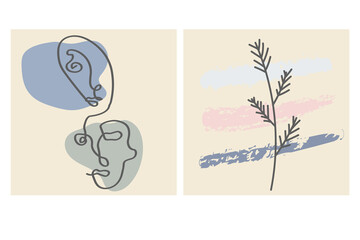 Faces, leave and abstract shapes. Contemporary vector illustrations on color backgrouds. Line, minimalistic elegant concept. Perfect for social media, cards, postcards.