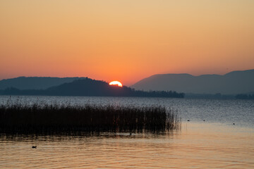 Sunset over the lake of biel - obrazy, fototapety, plakaty