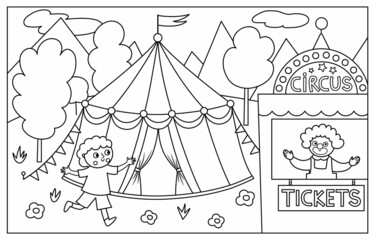 Vector black and white scene with circus marquee, boy running to the ticket box with clown. Street show line background. Cute festival illustration. Amusement park coloring page.