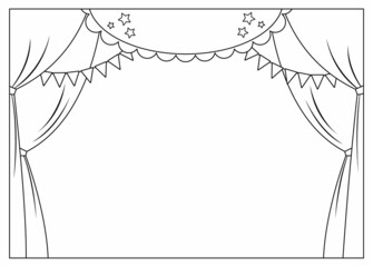 Vector black and white theater or circus stage with curtains, flags and place for text. Concert scene line background. Hall decoration. Holiday event or entertainment show coloring page. © Lexi Claus
