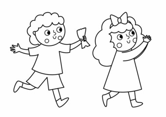 Obraz premium Vector black and white running little boy with ticket in hand and girl clapping hands. Outline kids looking forward to see show or play. Spectators line icon or coloring page.