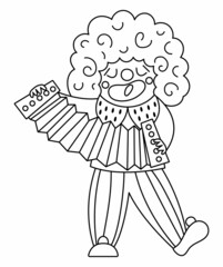Vector singing clown line icon. Black and white circus artist playing harmonica clipart. Amusement holiday man. Cute funny festival character coloring page. Street show comedian.
