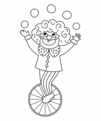 Vector clown line icon. Black and white circus artist clipart. Amusement holiday man on a wheel juggling balls. Cute funny festival character coloring page. Street show comedian juggler illustration.